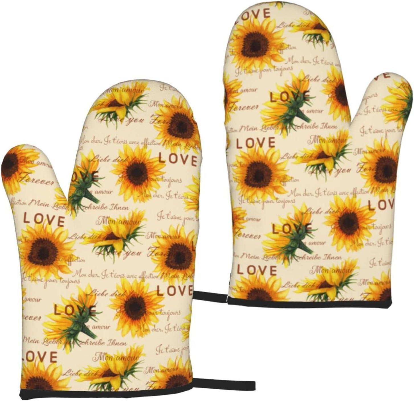 Manoplas para horno con estampado Floral de girasol amarillo, resistentes al calor, impermeables, con capa interior de algodón para cocinar y barbacoa, 2 uds.: Negro