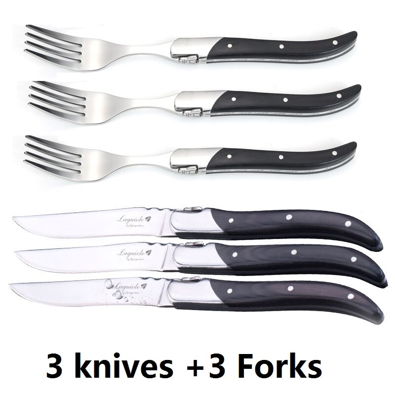 Laguiole Black Wood Knives 6-Piece Black Wooden Handle Steak Knife Fork Spoon set Japanese Wood Cutlery Christmas 8.7 in: Yellow