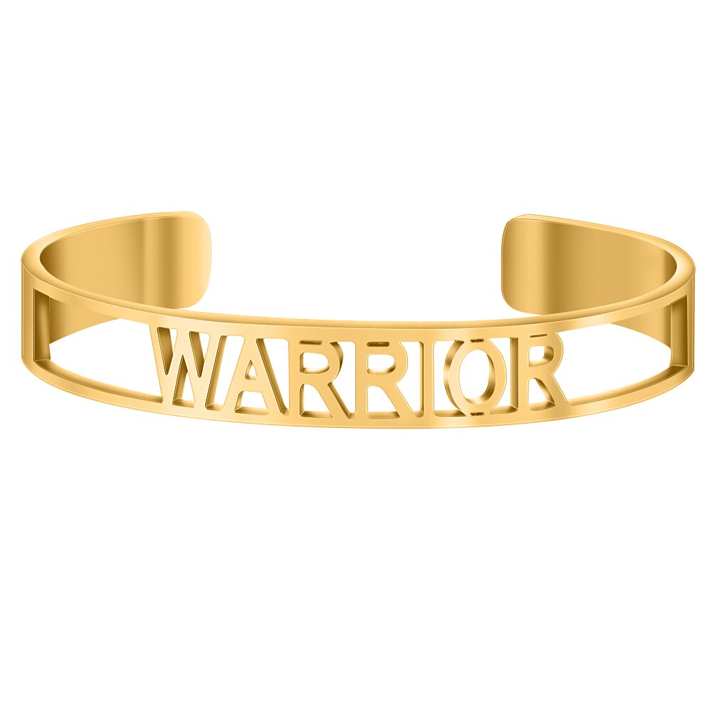 Cor do ouro oco para fora de aço inoxidável palavras inspiradoras positivas mantra mantra mantra pulseira pulseiras para homem presente feminino: WARRIOR