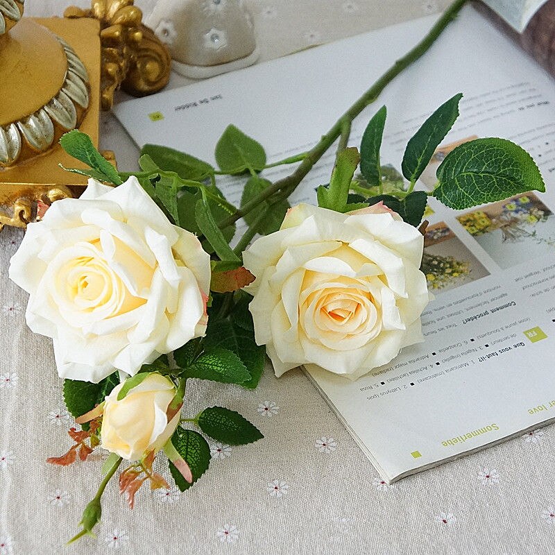 Luxe Grote Rose Tak Met Leaf Kunstzijde Bloemen Wedding Home Woonkamer Decoratie Flores Artificiales: Yellow Champagne