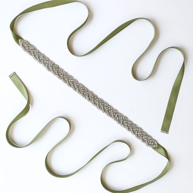 blue Long Crystal Bridesmaid Wedding Belts Rhinestone Wedding Prom Dress Belt Formal Bridal Ribbon Sash Belt Wedding Accessories: Army Green