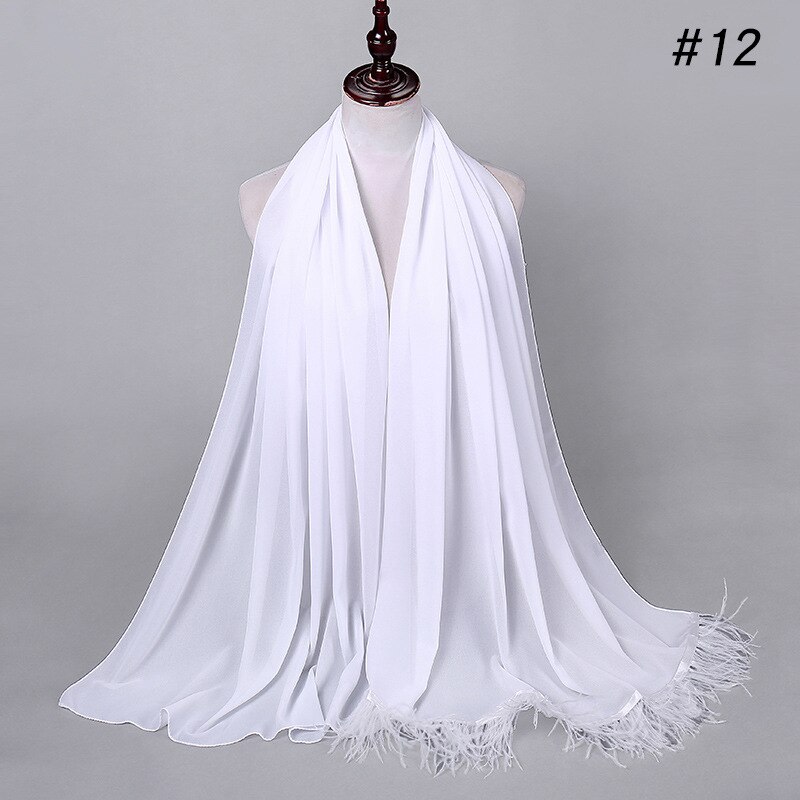 Trend Feather Hijabs Turban Chiffon Single-Side Short Feather Stitching Scarf Long Shawl For Muslim Women Headscarf: 12 white