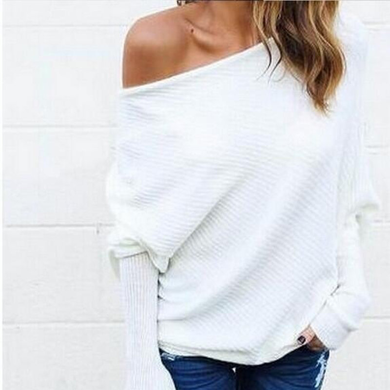Damegenser off the shoulder genser baggy genser dame topper o-hals chunky strikket oversize genser damegenser: 1 / Xl