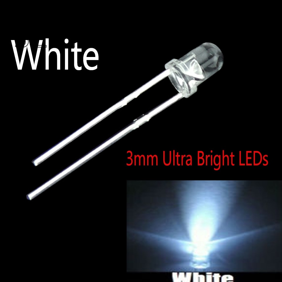 100 stk / 3mm runde super lysende hvide led lysdiodesæt til arduino