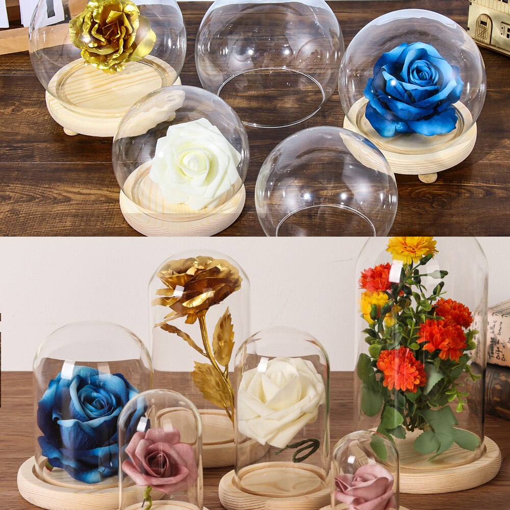 1Pcs Sferische Glas Cloche Jar Display Stand Cover Terrarium Fles Met Houten Base Acryl Stofkap Display Box Bloem doos
