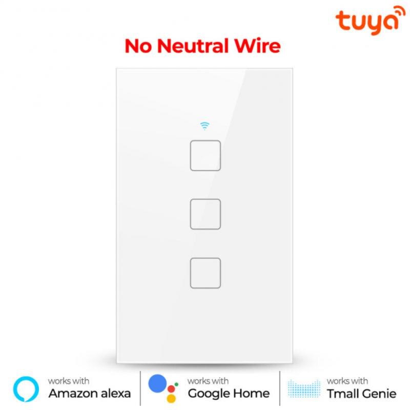 1/2/3/4gang 433RF Wifi Tuya Smart Light Switch Touch Panel US Touch Switch Wireless Wall Switches Tempered Glass Panel Universal: White 3gang