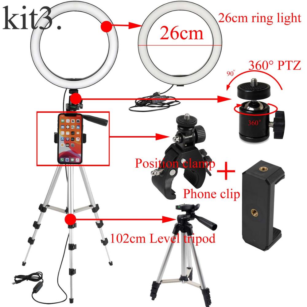 Anillo de luz LED Cámara fotografía anular lámpara estudio Ring Light para vlogg vídeo disparo retrato maquillaje con trípode teléfono Clip: Kit 3