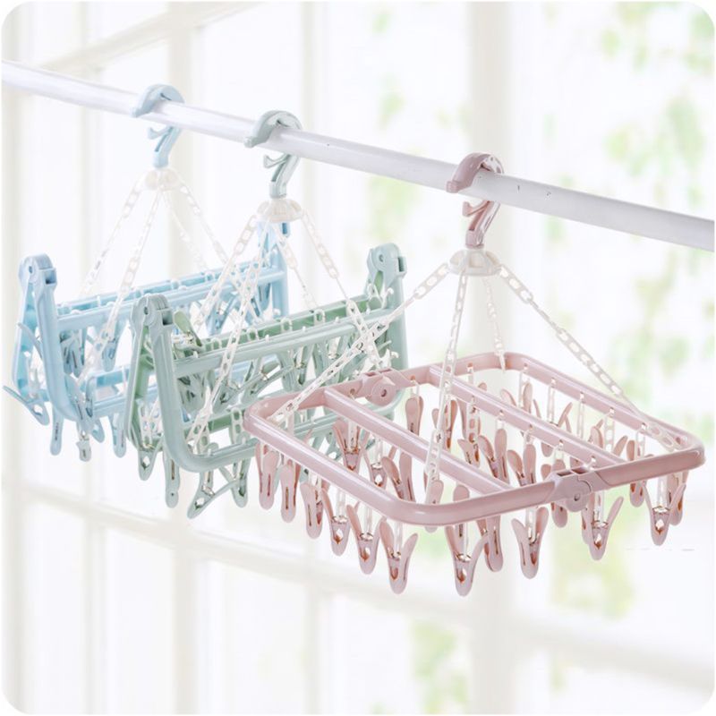 Foldable 32 Peg Windproof Clothes Hanger Dryer Washing Line Airer Clothes Underwear Socks Pants Hanger Household Storage