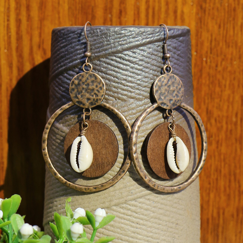 Pendientes étnicos Vintage bohemios con forma de gota para mujer, aretes largos bohemios con cuentas y borlas de madera, aretes redondos geométricos de hojas y flores, joyería: Deep Purple