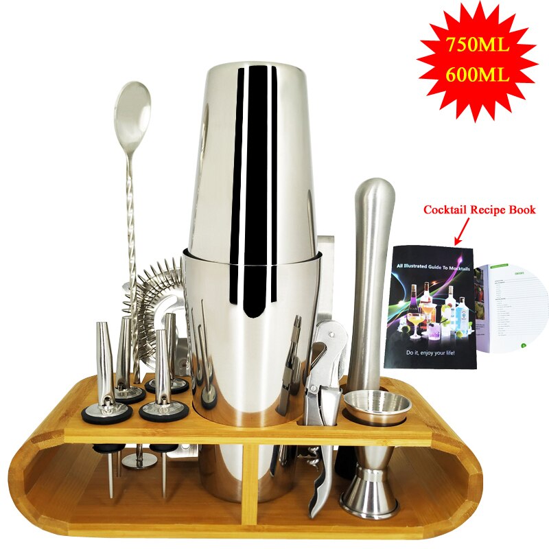 1-13pcs Stainless Steel Cocktail Hand Shaker Mixer Drink Barkeeper Tool Bar Set Kit Bartender Tool Wooden Stand Base: 13Pcs 750 600ML Rack