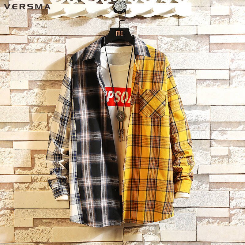 5xl Street Wear Shirt Men 2026.VERSMA Korean Harajuku BF SUGA Patchwork Plaid Shi... - Vicedeal