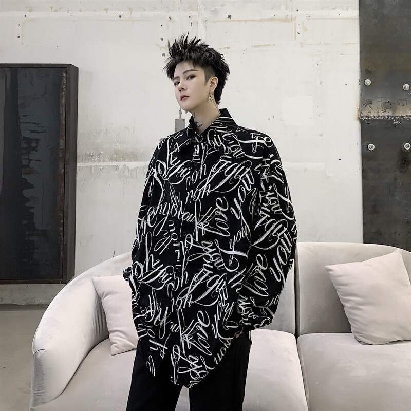 Streetwear Camisa negra de manga larga con estampado de letras Punk gótico para de noche Camisa de talla grande blusas largas Camisa masculina