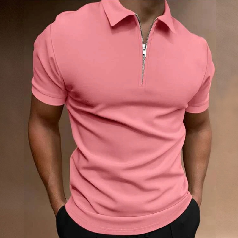 Camisa polo masculina de verão, cor sólida, manga curta, gola virada para baixo, zíper, camisetas e para homens, casual, streetwear, novos tops masculinos