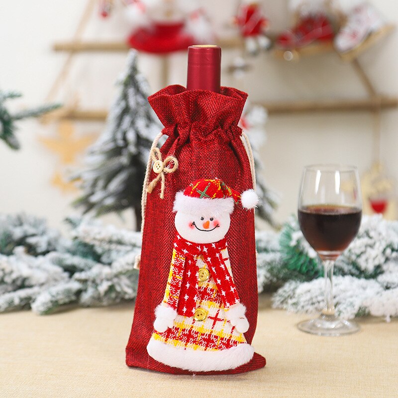 Jul vin flaska täcka väska tomte tecknad kjol docka säckväv vin flaska täcka jultillbehör: Röd
