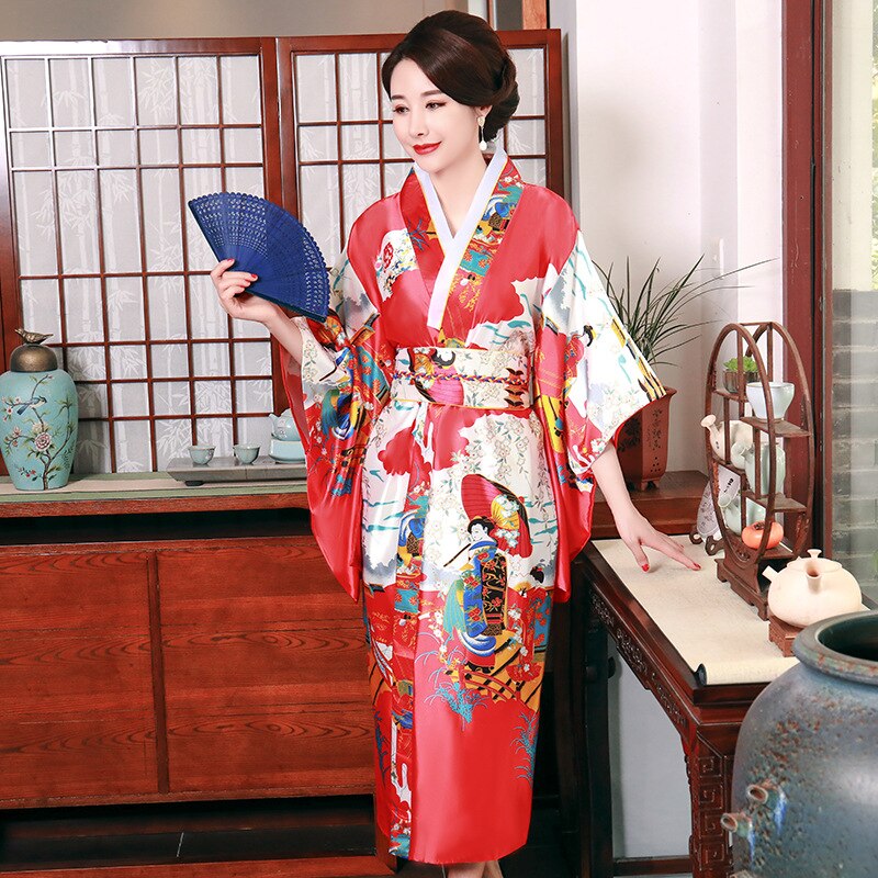 Satijnen Pyjama Japanse Kimono Dames Zomer Mid Mouwen Bridal Dressing Gown Plus Size Home Service Kamerjas Badjas: red