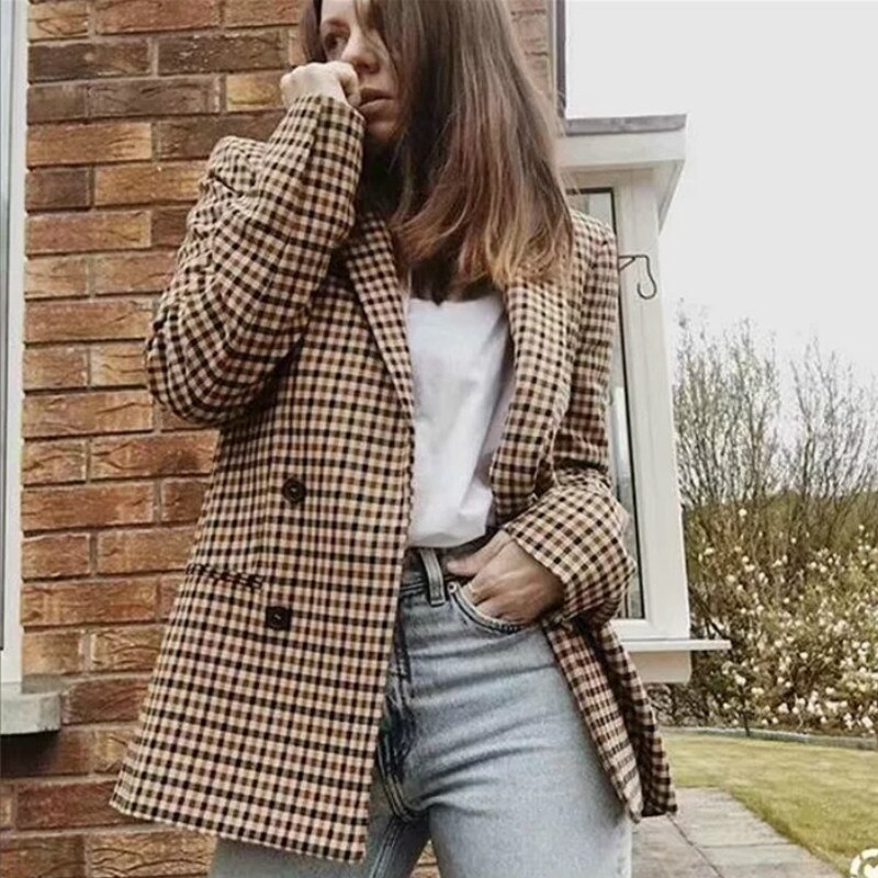 Veste à manches longues à carreaux pour femmes, Blazer à carreaux, Slim, col rabattu, rétro, col en v, costumes OL, boucles, manteau à Double boutonnage, collection décontracté