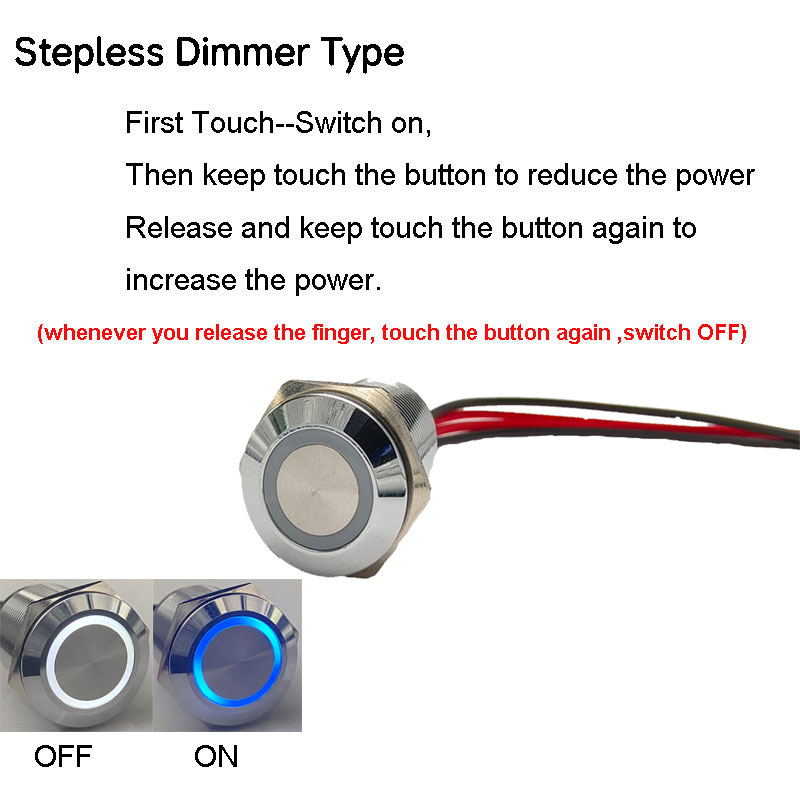 16mm 19mm Long Dimmer Switch IP65 Stepless Metal Touch Sensor Switch 1NO With 12V 24V WHITE BLUE LED Light With Cable Wire: 3XL / Brown