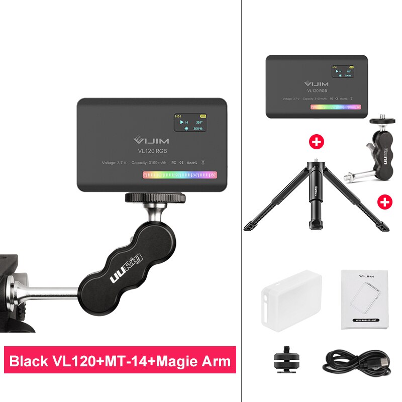 Ulanzi VL120 RGB Compact Video Light with Display Screen Diffuser Mini Camera RGB Light Smartphone Selfie Lighting 3100mAh: Magic Arm Kit