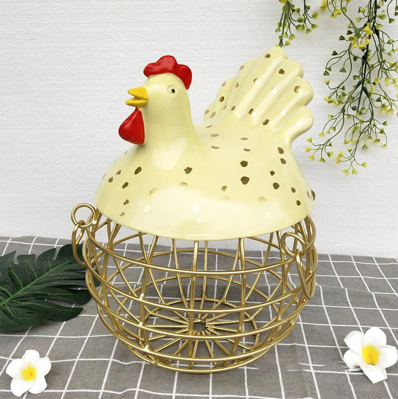 Grand panier de rangement en métal avec couvercle décoration en fer cage à œufs pain panier à fruits décoration de poule organisateur cuisine: Jaune 1