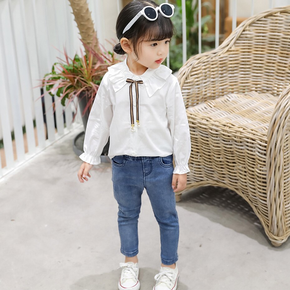 Blouses voor meisjes strik meisje witte blouse linten kinderschool blouse voor meisjes effen kleur kinderkleding meisje