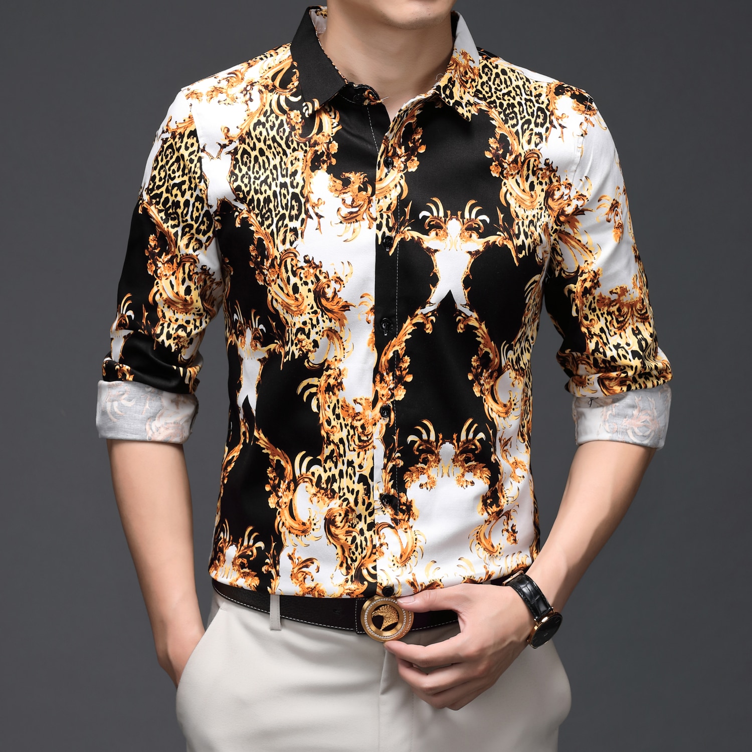 Luxury Vintage Leopard Pattern Shirt Men Slim Fit Big Size Long Sleeve Clothing Chemise Party Prom Stagewear Shirt Men