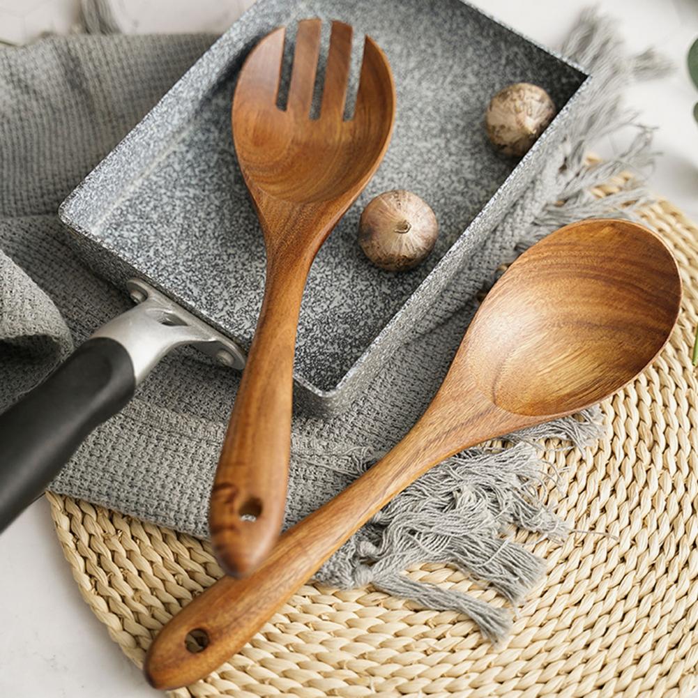 Tenedor Retro de madera reutilizable para ensalada, Sushi, cuchara para Pasta, utensilio de cocina