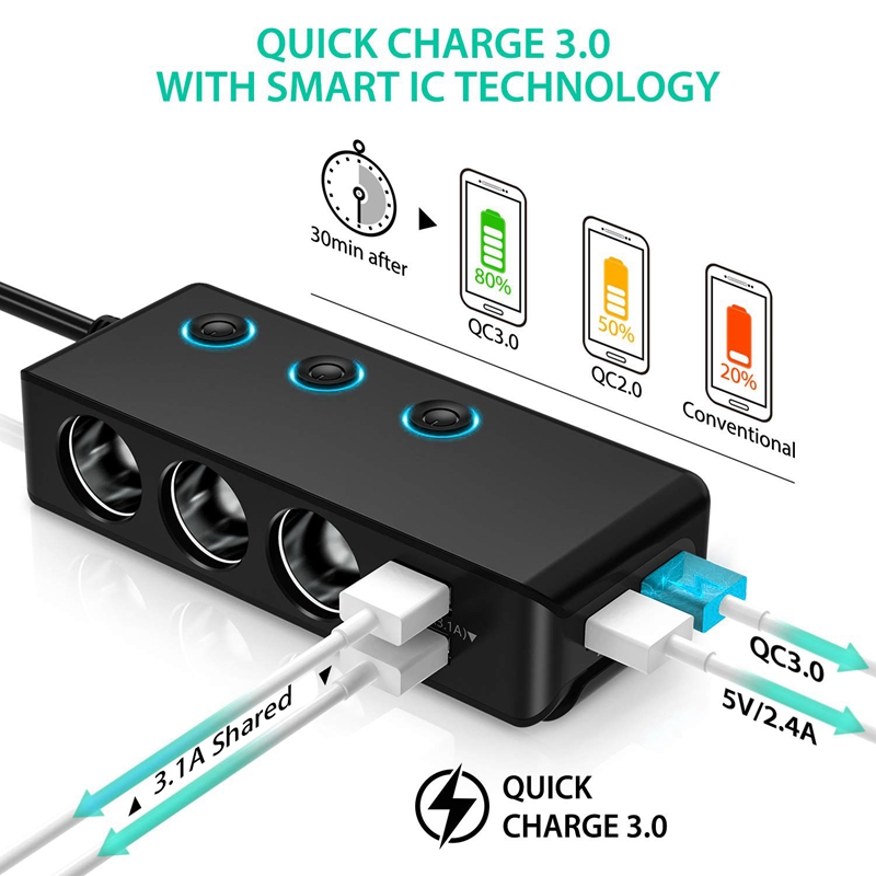 Quick Charge 3.0 Sigarettenaansteker Adapter, 120W 12V/24V 3-Socket Power Splitter Dc Outlet Met 8.5A 4 Usb-poort Multifunctionele ca