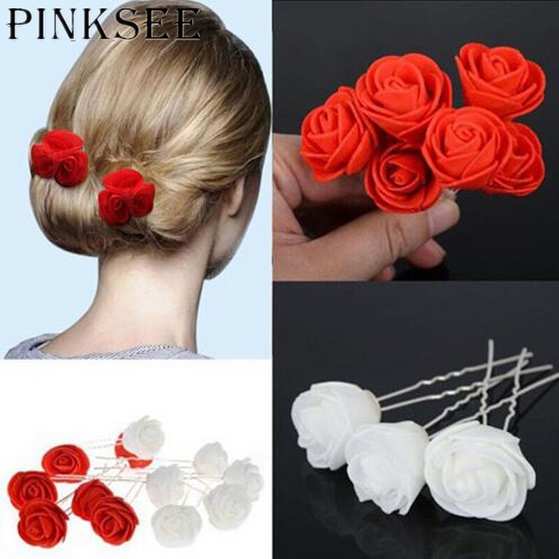 PINKSEE 6 stks Vrouwen Schoonheid Kleine Rode Rose Flower Haarspelden Wedding Bridal Bruidsmeisjes Haar Sieraden Accessoires Wit Rood