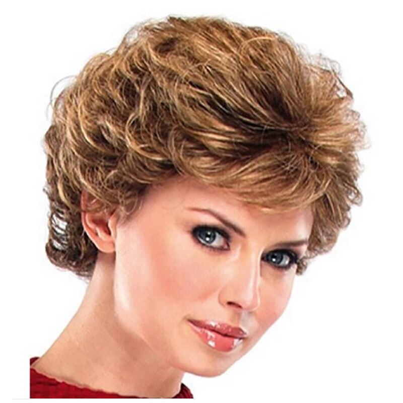 HAIRJOY-Peluca de cabello sintético para mujer, Pelo Rizado corto, color plata, blanco, gris, degradado, fibra resistente al calor: brown