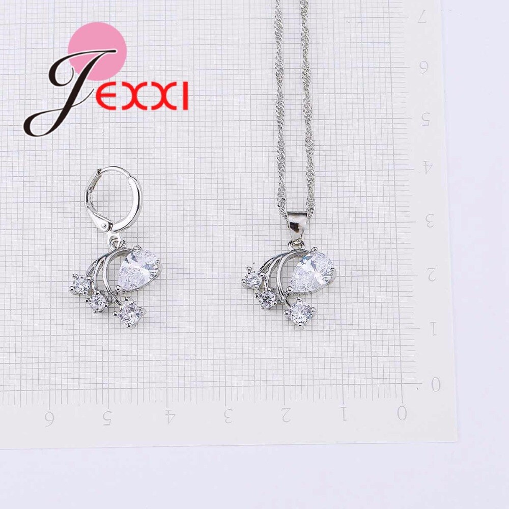 925 Sterling Zilveren Bruids Sieraden Sets Voor Vrouwen Shiny Aaa Cz Crystal Flower Ketting Hanger Oorringen