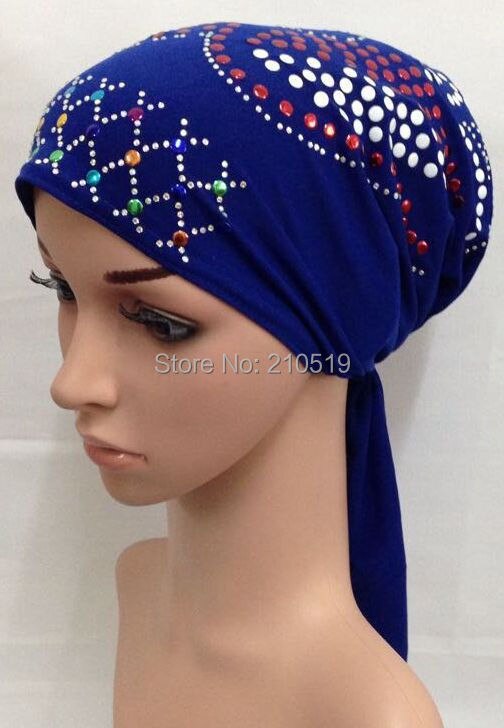 (Paillettes motifs envoyer aléatoire) cristal ITY élastique chapeau musulman hijab turban islamique (Plus de couleurs stock maintenant): 7 blue