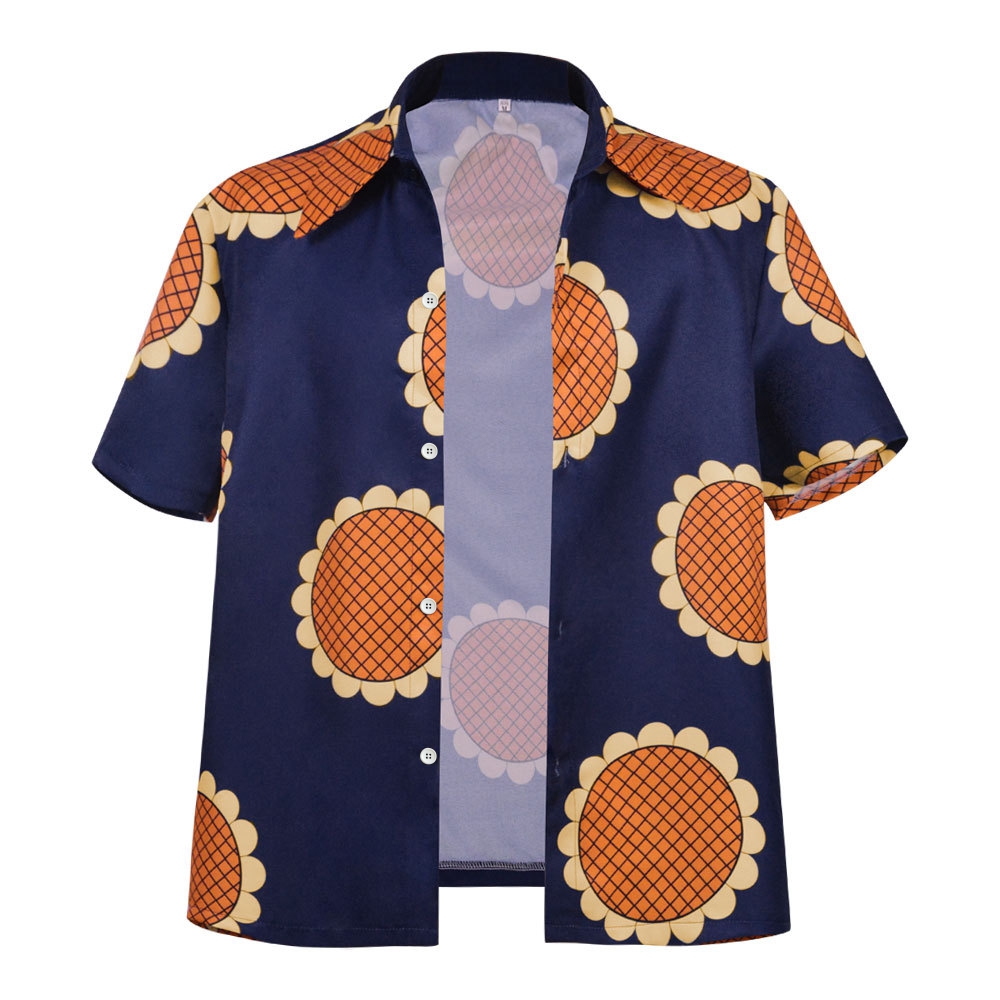 Hommes Anime Luffy Cosplay chemise été tournesol imprimé bleu haut décontracté T-Shirt Halloween fête singe D Luffy chapeau de paille chemise costume: 3XS / Beige