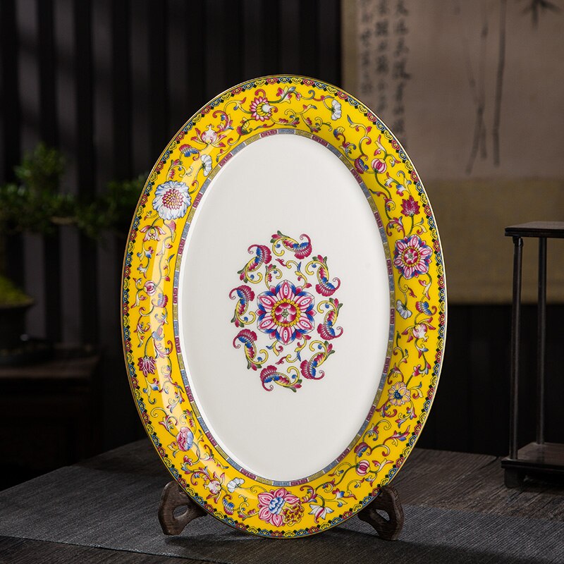 Golden Side Palace Relief Ceramic Plate Chinese Style Enamel Color Bone China Large Fish Plate Tableware Dishes Antique Plate