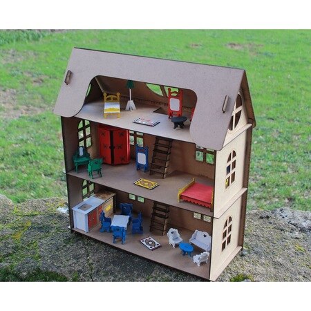 Vreugde En Speelgoed Houten Speelhuis + Miniatuur Items-Verf + Borstel 424704529