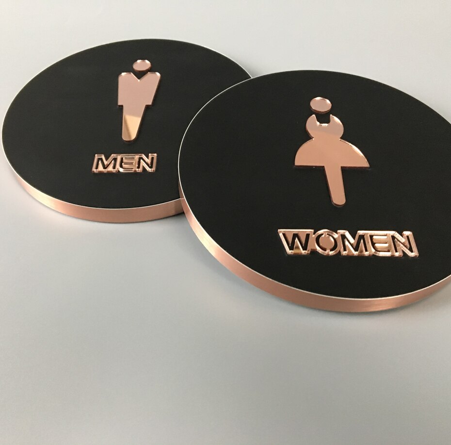 Letrero de baño para hombres y mujeres, letreros de baño (baño), Círculo de 16cm de diámetro, pegar en el cristal, pared, puerta, oro rosa y negro