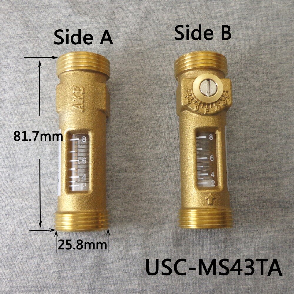 USC-MS43TA 2-8L/min Direct Reading Flow Meter (Flowmeter) Brass G3/4" Male and G3/4" Male Spring mechanical float meter