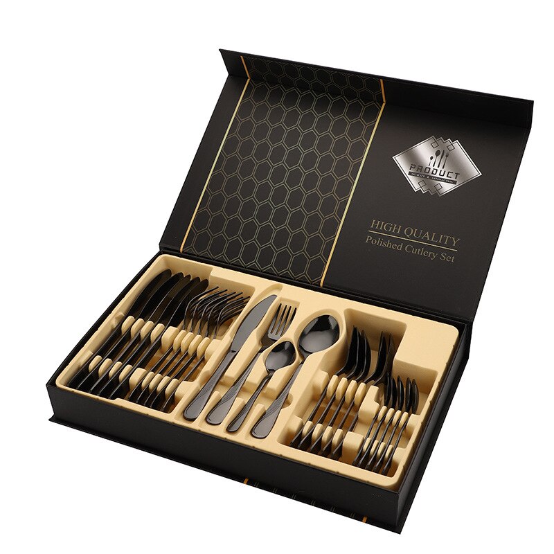 24pcs Gold Tableware Set Stainless Steel Knife Fork Spoon Dinnerware Box Cutlery Set Kitchen Flatware Tools Housewarming: T3P-black