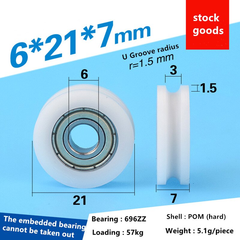 20 pièces delrin POM plastique enduit portant nylon U rainure piste guidage roulements à rouleaux poulie Peilin roue alésage taille 3 4 5 6 mm: 6x21x7mm