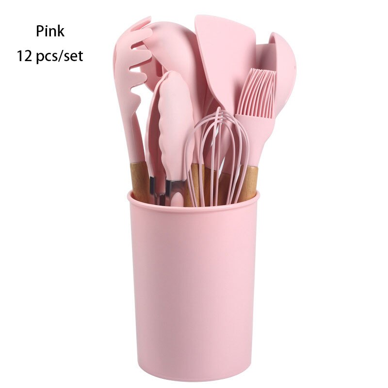 12Pcs Silicone Cooking Utensil Set Wooden Handle Spatula Soup Spoon Brush Ladle Pasta Colander Non-stick Cookware Kitchen Tools: 12 pcs Pink set