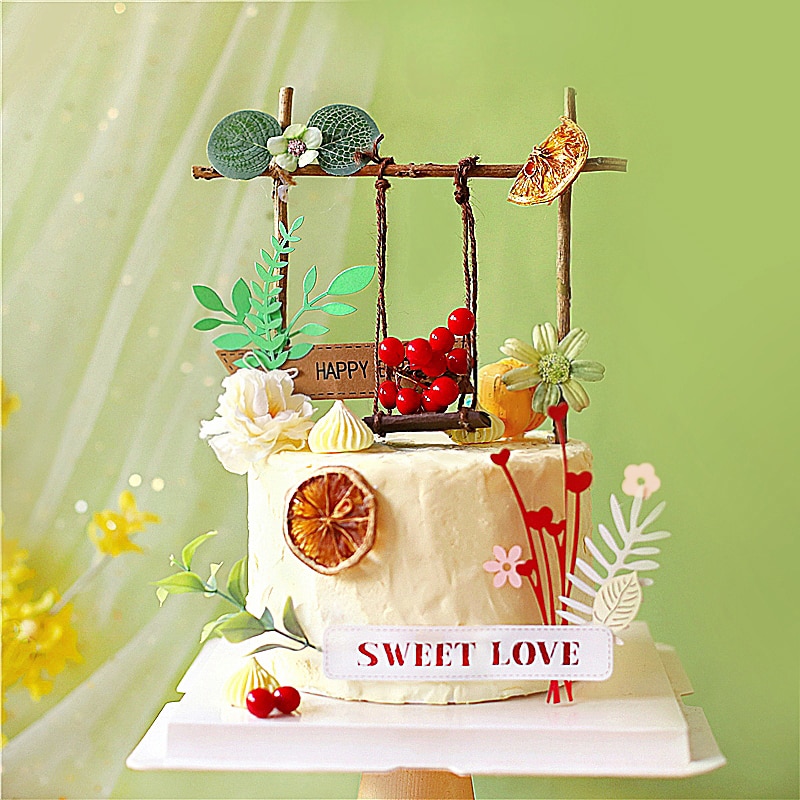 Trægynge flet kage topper til fødselsdagsfest indretning blade baby shower barn dessert bageartikler bryllup kærlighed