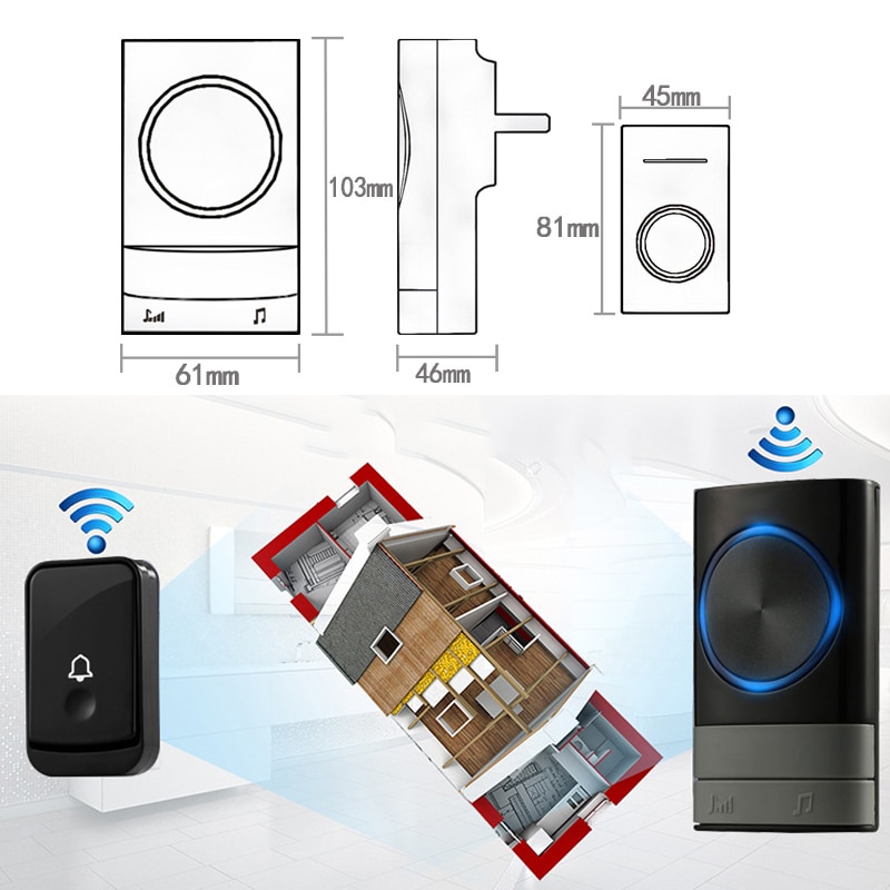 Wireless Doorbell Long Distance Volume Adjustable Waterproof for Home Office AS99