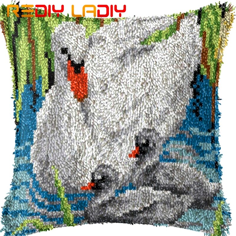 Låskrok kudde svan mor örngott förtryckt färg canvas akryl garn låst krok kudde virkat kuddfodral kit: Bz887
