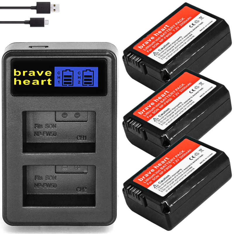 Np -fw50 usb dobbelt oplader +4x np  fw50 batterier til sony nex -5 nex -7 slt -a55 a33 a55 a37 a3000 a5000 a5100 a6000 a6300 a7000: Oplader og 3 batterier