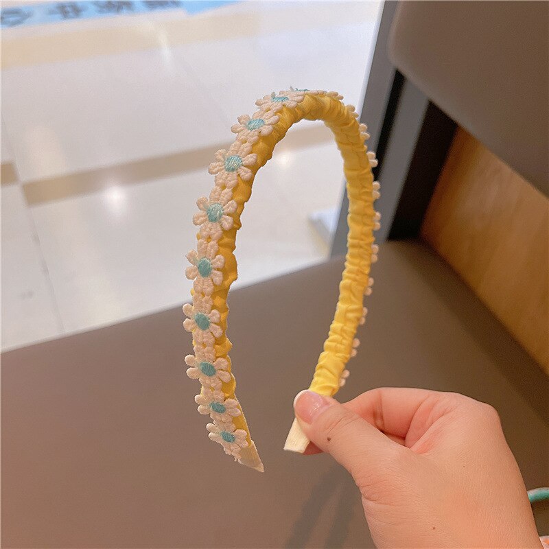 Zomer Baby Meisjes Snoep Kleine Kant Bloem Meisjes Hoofdbanden Kids Hoofd Hoepel Haarbanden Eenvoudige Geplooide Hoofddeksels Handgemaakte Accessoires: yellow 1