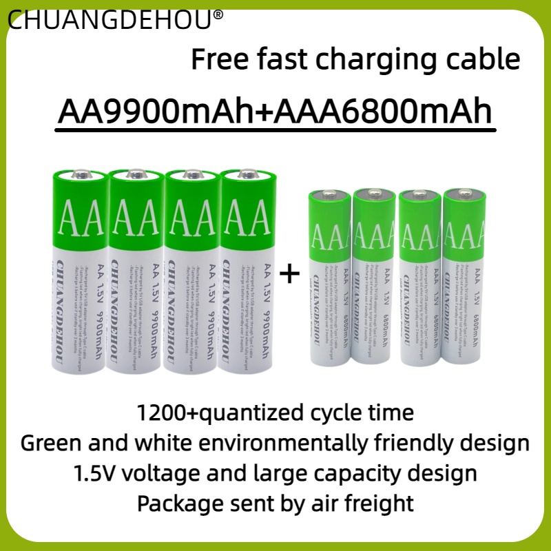 1,5 V Aa/Aaa lithiumbatterij Type-C snel opladen 9900 mAh + 6800 mAh hoge capaciteit groen en wit milieuvriendelijk twee kleuren geschikt voor afstandsbediening/speelgoed/camera/muis (2+2 secties)