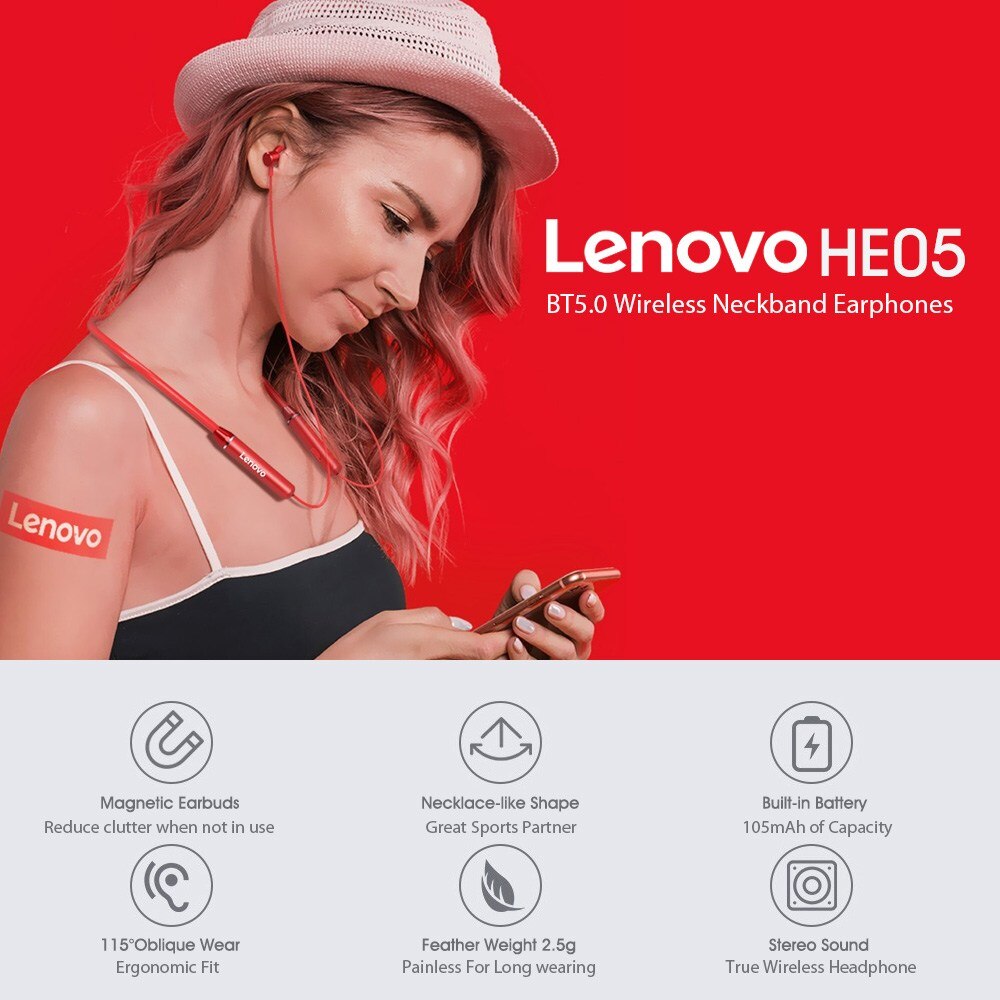 Lenovo Bluetooth Earphones HE05 Wireless Earbuds Magnetic Neckband Earphone Waterproof Sport Headset with Mic Noise Cancelling