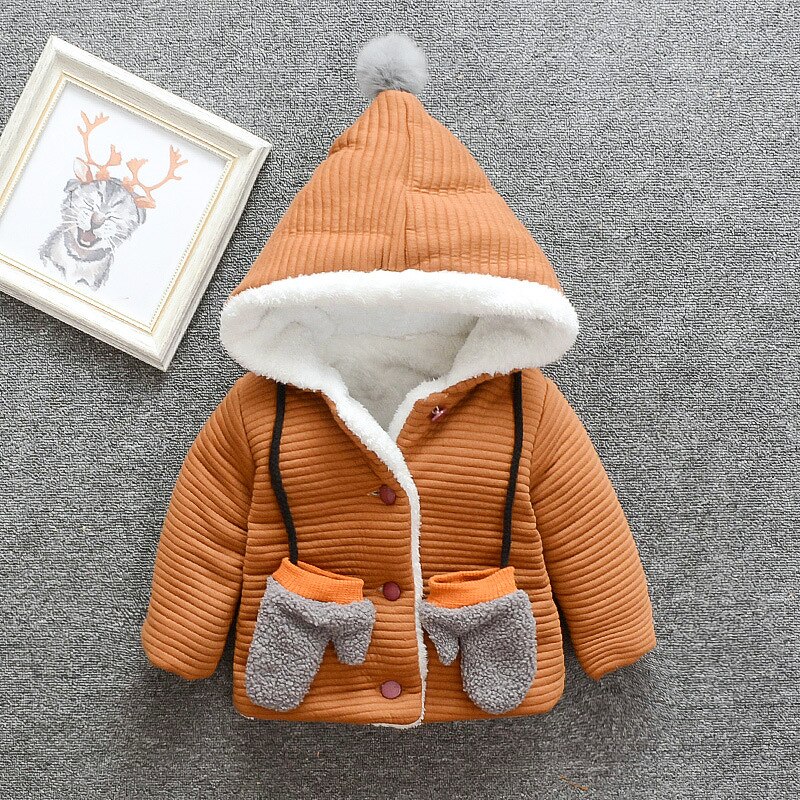 Baby Jongen Jas 0-5Y Herfst En Winter Plus Fluwelen Dikke Warme Jas Baby Meisje Effen Kleur Capuchon Gewatteerde Jas Met handschoenen: Brown / 4T 110