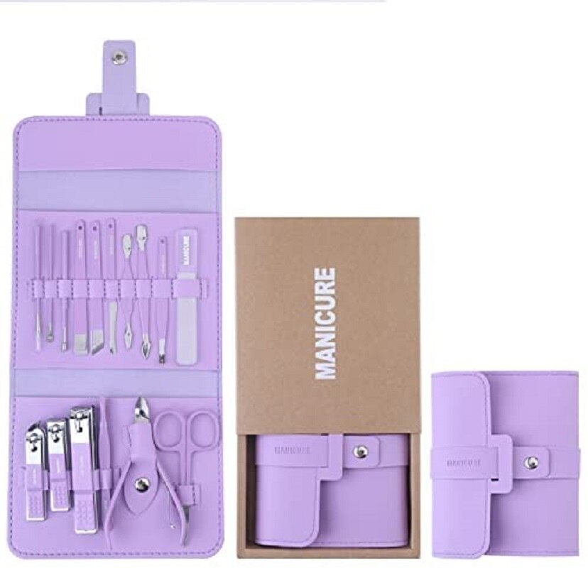 16pcs Nail Cutter Set Makeup Beauty Tool Stainless Steel Nail Pedicure Kit Portable Manicure Scissors Nail Care Tools: purple