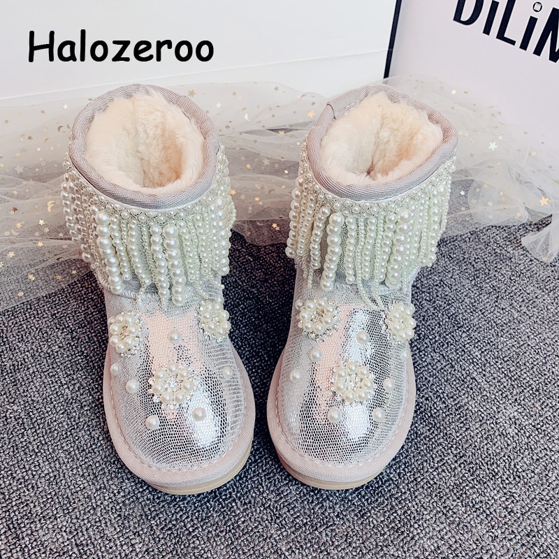 Winter Kids Snowboots Peuter Warm Glitter Schoenen Baby Meisjes Parel Enkellaarsjes Vrouwen Zilver Laarzen Mode Sequin laarzen