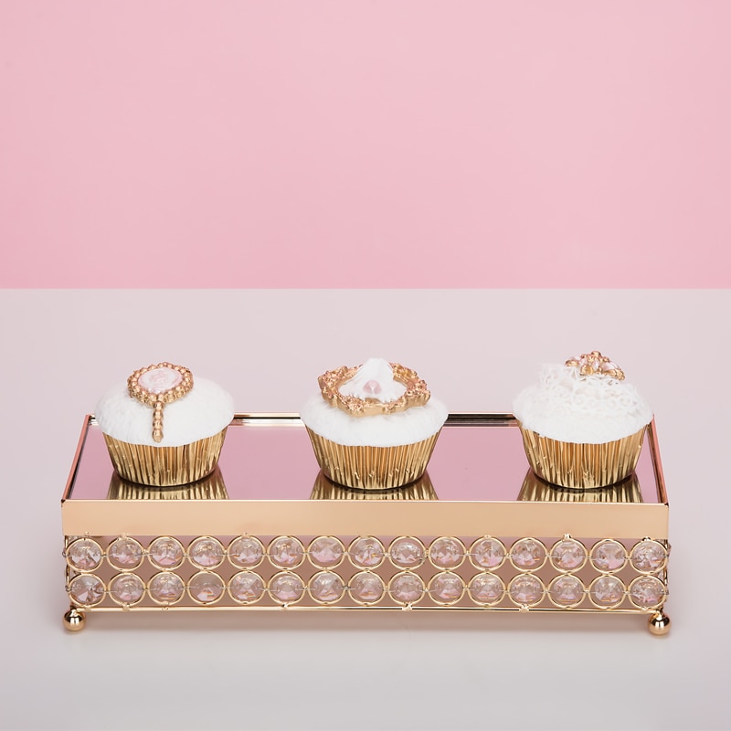 Gold rechthoek cake lade crystal cupcake plaat bruidstaart tafel accessoire partij decoratie gereedschap voor dessert